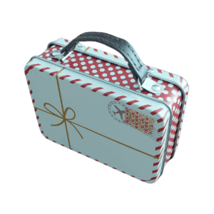 Geschenk Koffer Mini Dose von Vorne bedruckte Schlaufe und Briefmarke mit Flugzeug